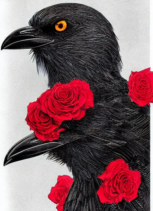 Image similar to portrait, A crow with red eyes in front of the full big moon, book cover, red roses, red white black colors, establishing shot, extremly high detail, foto realistic, cinematic lighting, pen and ink, intricate line drawings, by Yoshitaka Amano, Ruan Jia, Kentaro Miura, Artgerm, post processed, concept art, artstation, matte painting, style by eddie mendoza, raphael lacoste, alex ross