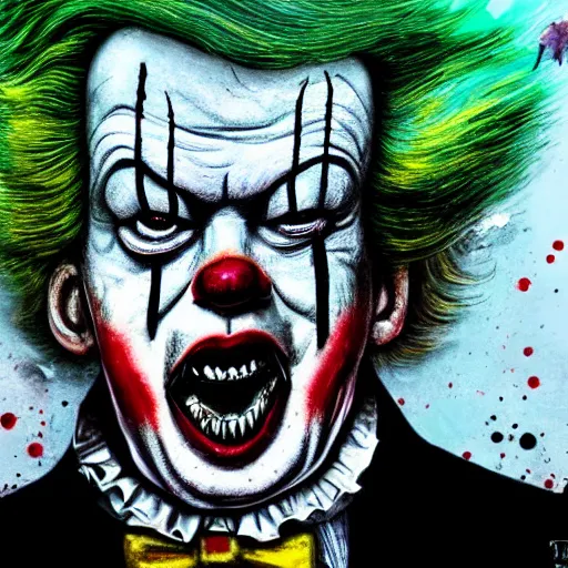 Prompt: Donald Trump as pennywise, Ralph steadman, psychedelic, surreal, ink splatter, detailed, 4k