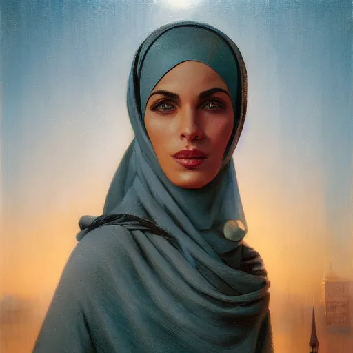 Image similar to detailed face of an arabic woman, glistening mosque, moment, tectonic sky, skydome, reactor, utopian, tech noir, wet reflections, prism, atmospheric, ambient, pj crook, syd mead, livia prima, artgerm, greg rutkowski, nick alm, casey baugh