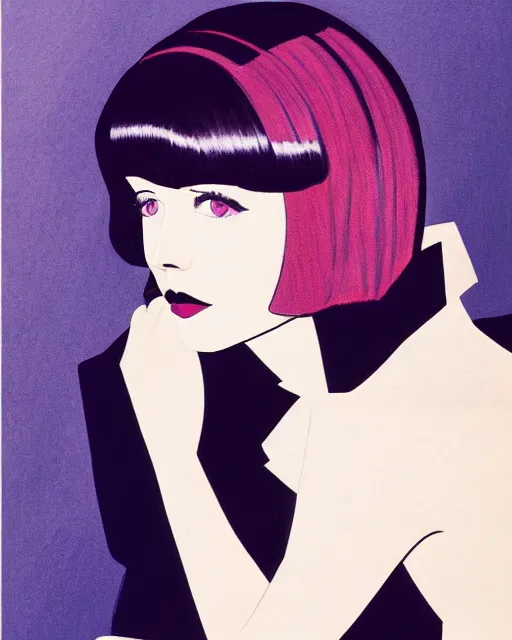 Prompt: colleen moore 2 3 years old, bob haircut, portrait painted by patrick nagel and stanley artgerm, dramatic lighting