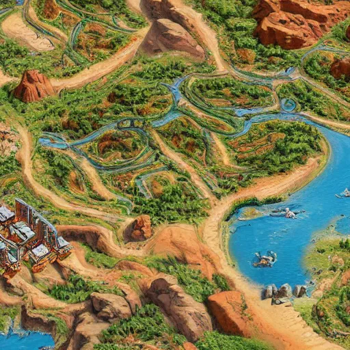 Prompt: closeup riverbed, topview map, miniature photography closeup, h0, 1:87, river, highly detailed, satellite image, game map, anno 1404, monkey island, civilization, by tim hildebrandt, by rhads, megascans texture