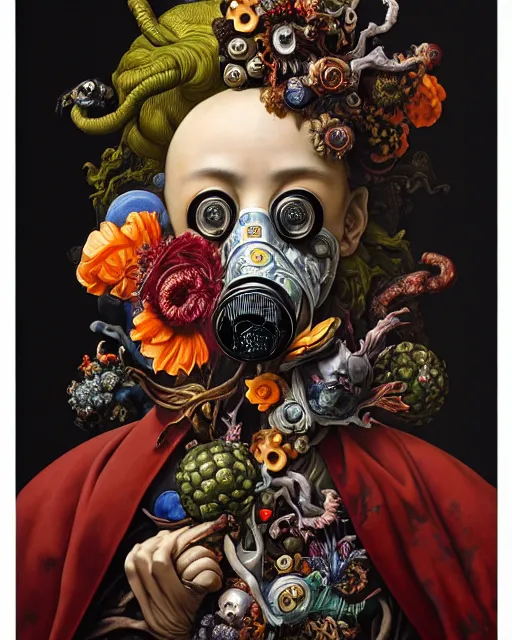 Prompt: a maximalist biomorphic portrait with with large eyes, expressive, wearing a botanical gas mask, baroque, by ayami kojima, greg hildebrandt, mark ryden, caravaggio and arcimboldo, hauntingly surreal, statue, high fashion, focus on head, soft light, 4 k, octane high quality render