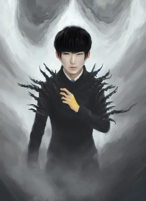 Image similar to a highly detailed illustration of korean man with bowl cut black hair wearing tie with giant black claws, wielding giant black fog claws pose, yellow eyes, tired expression, foggy black mist surrounding background, intricate, elegant, highly detailed, centered, digital painting, artstation, concept art, smooth, sharp focus, league of legends concept art, wlop.