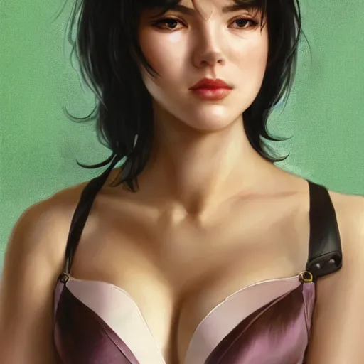 Prompt: portrait of cassandra cain wearing satin bra, green hair, attractive, casual, modern, victoria's secret, highly detailed, digital painting, artstation, concept art, smooth, sharp focus, illustration, art by artgerm, greg rutkowski and alphonse mucha