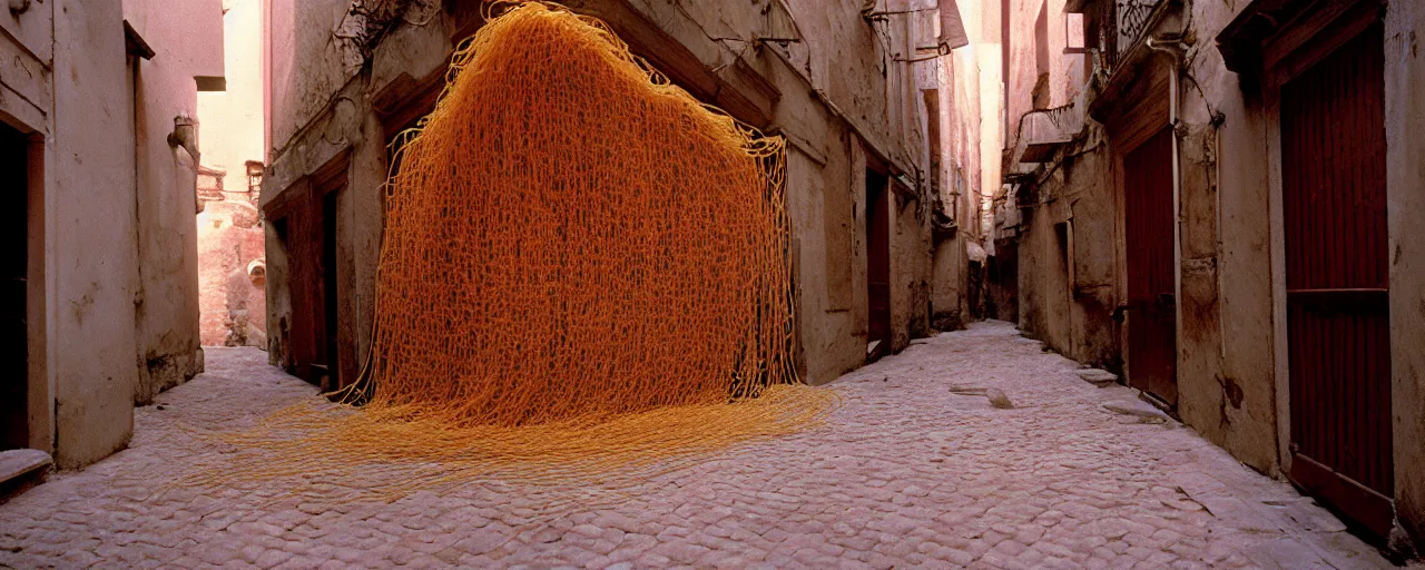 Image similar to ancient roman alley covered in spaghetti, circa 1 0 0 bc, sigma 8 0 mm, cinematic lighting, photography, wes anderson, kodachrome