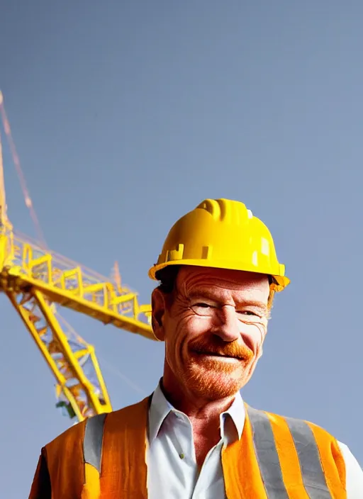 Prompt: closeup portrait of cheerful bryan cranston with a long crane neck, construction, yellow hardhat, sitting in a crane, natural light, bloom, detailed face, magazine, press, photo, steve mccurry, david lazar, canon, nikon, focus