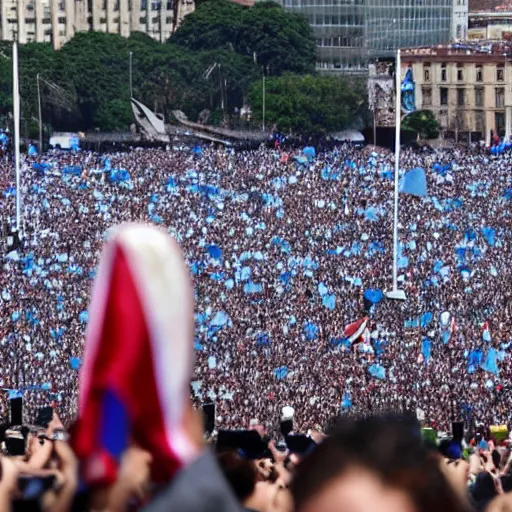 Image similar to Lady Gaga as president, Argentina presidential rally, Argentine flags behind, bokeh, giving a speech, detailed face, Argentina