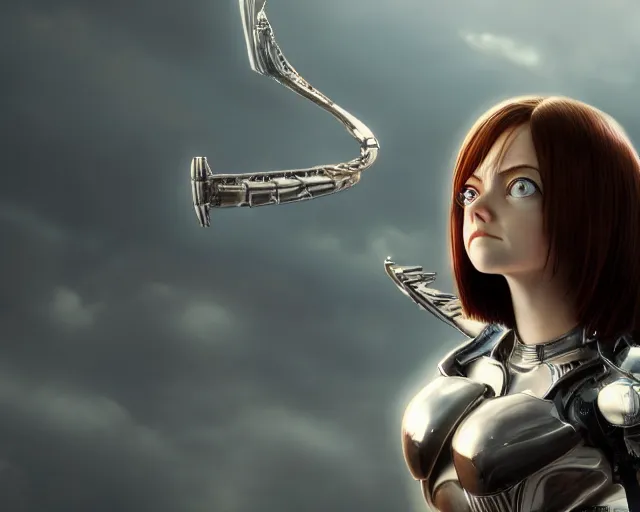 Image similar to a film still from battle angel alita played by actress emma stone, portrait, beautiful, cinematic lighting, photorealistic, hyperrealistic, highly detailed, close - up, high resolution, 4 k