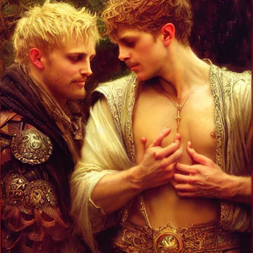 Image similar to stunning arthur pendragon in love with stunning male merlin the mage. they are close to each other, touching, looking. highly detailed painting by gaston bussiere, craig mullins, j. c. leyendecker