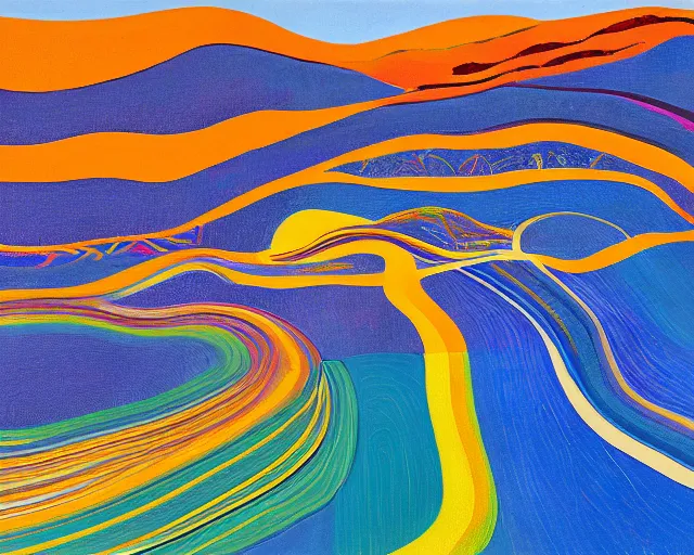 Prompt: A wild, insane, modernist landscape painting. Wild energy patterns rippling in all directions. Curves, organic, zig-zags. Saturated color. Mountains. Clouds. Rushing water. Wayne Thiebaud. David Hockney.