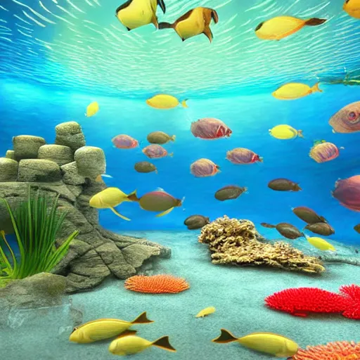 Prompt: realistic designed photo of the big modern room as aquarium with a beautiful fishes and corals, realistic colors, realistic shadows, daylight made by blender and cinema 4 d, 3 d