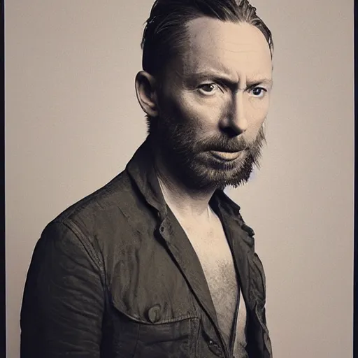 Image similar to Thom Yorke, with a beard and a black shirt, a computer rendering by Martin Schoeller, cgsociety, de stijl, uhd image, tintype photograph, studio portrait, 1990s, calotype