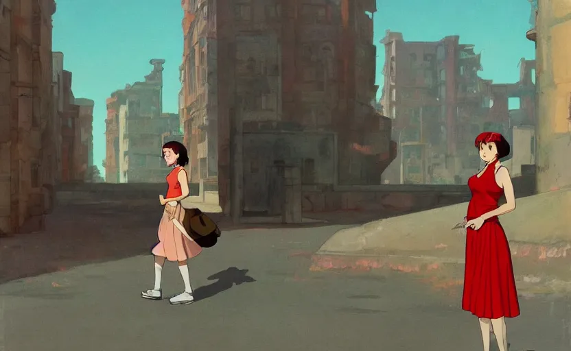 Prompt: a girl with a red skirt on the background of a ruined city, early morning, dieselpunk, by Studio Ghibli and Edward Hopper