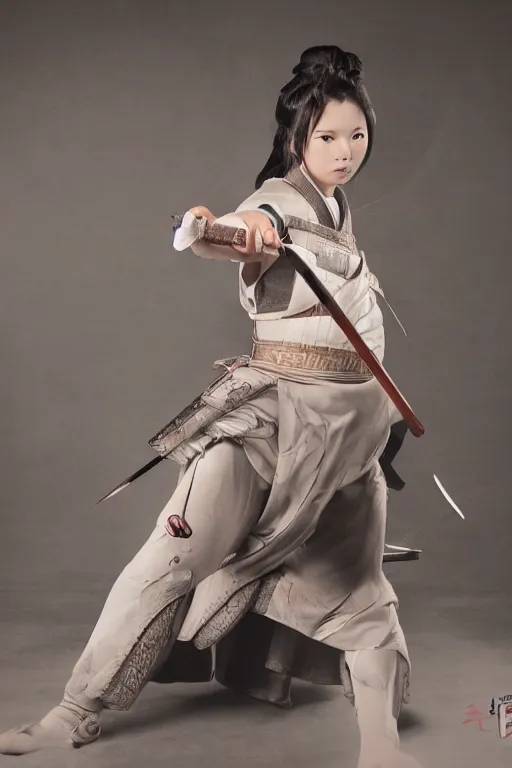 Image similar to highly detailed beautiful photo of a young female samurai, practising sword stances, symmetrical face, beautiful eyes, realistic anime art style, 8 k, award winning photo, pastels, action photography, 1 / 1 2 5 shutter speed, dramatic lighting