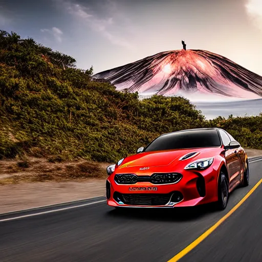 Image similar to kia stinger gt driving towards mount doom | eye of sauron watching over in the background | wide angle photograph | high resolution