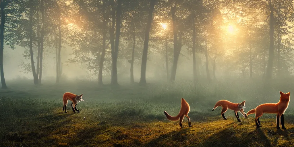 Image similar to family of foxes nearIdyllic pond, meadow, forest trail, blanket of fog, rain, volumetric lighting, beautiful, golden hour, sharp focus, ultra detailed, cgsociety