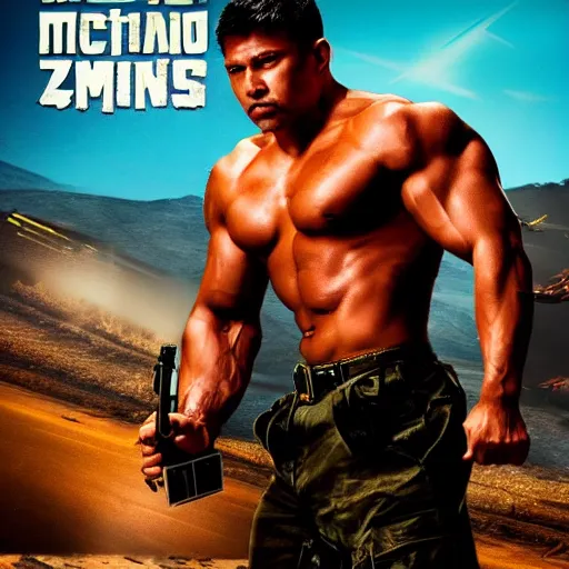 Prompt: muscular man with machine-guns for arms and machine-guns for legs, action movie poster