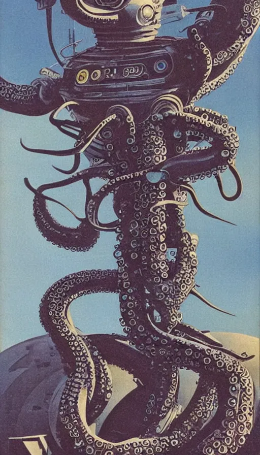 Prompt: 1 9 5 0 s retro future robot android octopus. muted colors. by bruce pennington