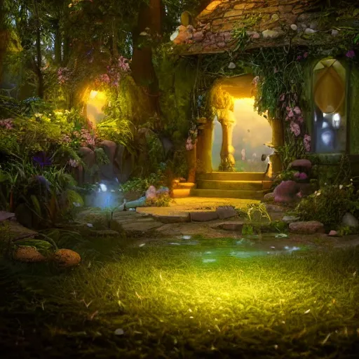 Image similar to fairy glowing magically at night concept art, realistic garden, beautiful, glorious, matte painting, highly detailed, trending on artstation, 4 k, rendered in octane, unreal engine