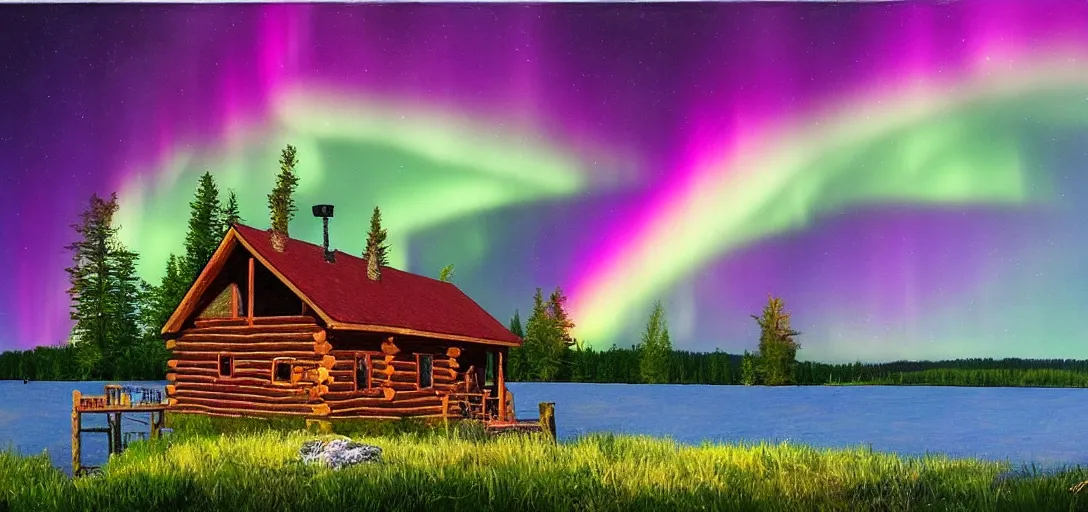 Prompt: a cozy cabin in the middle of a lake, night, rainbow aurora, classic painting, award winning, highly detailed