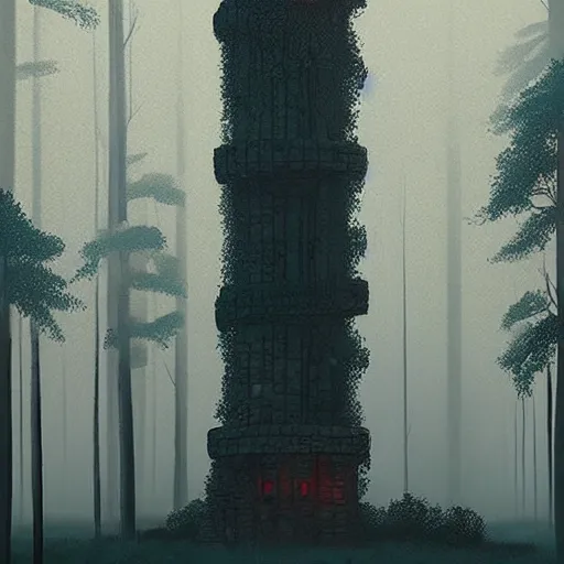 Image similar to monumental old ruins tower of a dark misty forest, overcast, sci - fi digital painting by simon stalenhag