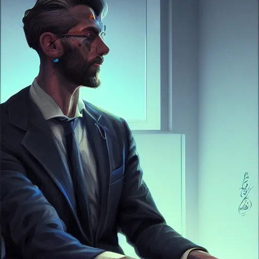 Prompt: an insanely detailed portrait of a handsome man head in his hands, depressing corporate office background, blue shade in the style of peter mohrbacher, artgerm, dramatic lighting and composition, octane render, trending on artstation, concept art