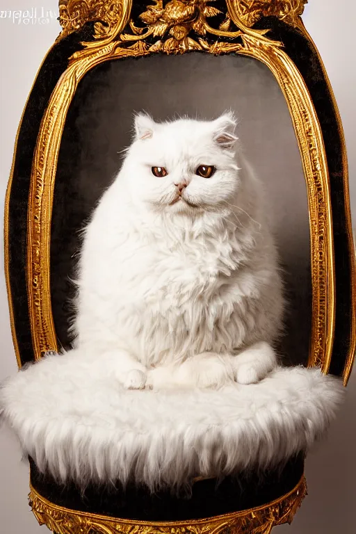 Image similar to a magnificent wet plate photo portrait of a fluffy fat royal cat on an embroidered velvet cushion on a neo - rococo gilded little bed, by david lachapelle, photorealistic, photography, wide shot