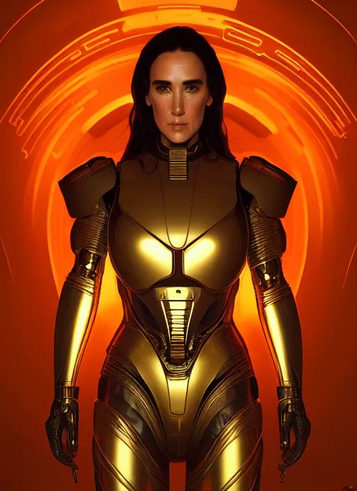 Prompt: symmetry!! portrait of jennifer connelly, gold sci - fi armour, tech wear, glowing lights!! sci - fi, intricate, elegant, highly detailed, digital painting, artstation, concept art, smooth, sharp focus, illustration, art by artgerm and greg rutkowski and alphonse mucha