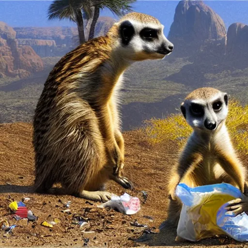 Prompt: a meerkat picking up litter and trash at a national park, fantasy, high quality matte painting, cartoony