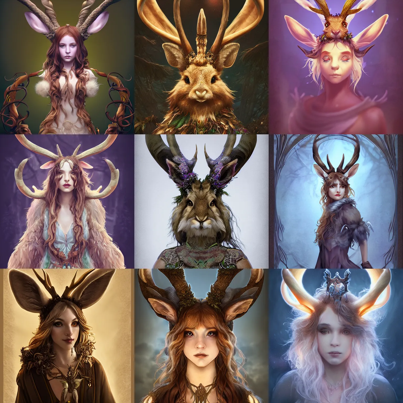 Prompt: portrait of the cutest jackalope druid ever, humanoid character, beautiful, focused, elegant, art nouveau, dnd, sinuous, fantasy, mystical, magical aesthetics, illustration, fluffy, photorealistic, soft lighting, unreal engine, matte painting, 4 k,