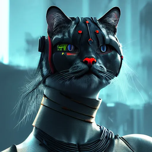 Image similar to a portrait of a warrior cat in a combat stance, cyberpunk, nfts, 3 d rendering, digital, unreal engine, illustration, 8 k resolution, artstation, cinema 4 d, behance hd