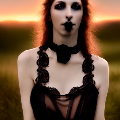 Image similar to photographic portrait of a stunningly beautiful gothic female with black lace choker in soft dreamy light at sunset, god rays, contemporary fashion shoot, by edward robert hughes, annie leibovitz and steve mccurry, david lazar, jimmy nelsson, breathtaking, 8 k resolution, extremely detailed, beautiful, establishing shot, artistic, hyperrealistic, beautiful face, octane render