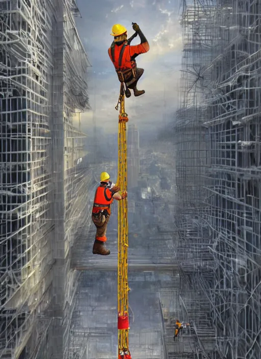 Prompt: a monkey that is dressed like construction worker, hanging a girder on a skyscraper under construction, wearing a hardhat!! cosmic horror painting, elegant intricate digital painting artstation concept art by mark brooks and brad kunkle detailed