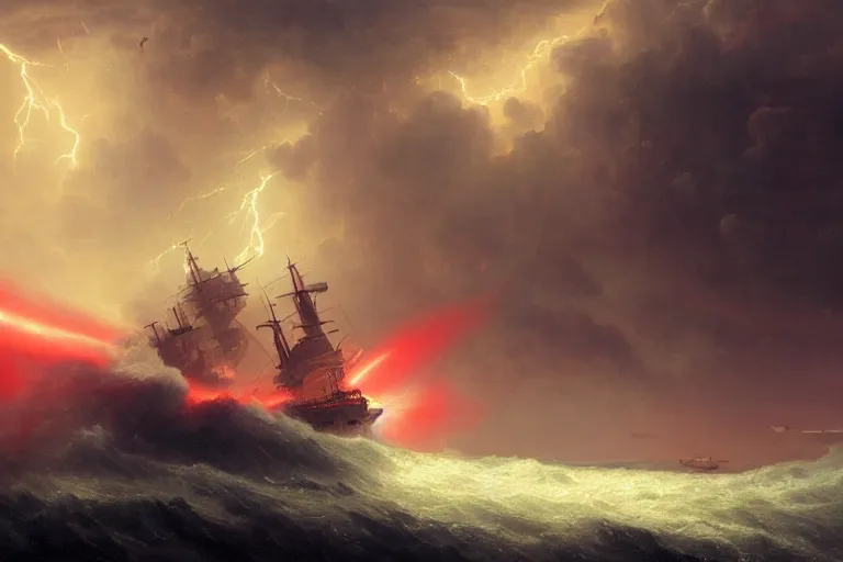 Prompt: A beautiful matte painting of huge spherical alien spaceship attacking with powerful red lasers Ship in ocean in thunderstorm by Greg Rutkowski and Ivan aivazovsky