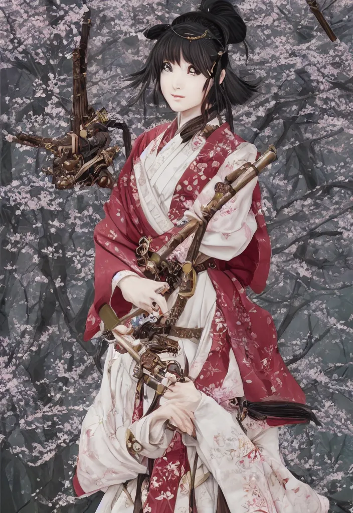 Image similar to detailed portrait of steampunk girl samurai with tachi and cross bow combat pose in snow forest sakura cherry blossom swan hakama kimono trending on artstation elite, elegant, luxury, by krenz cushart junji ito, perfect face, fine details, realistic shaded, fine - face, pretty face