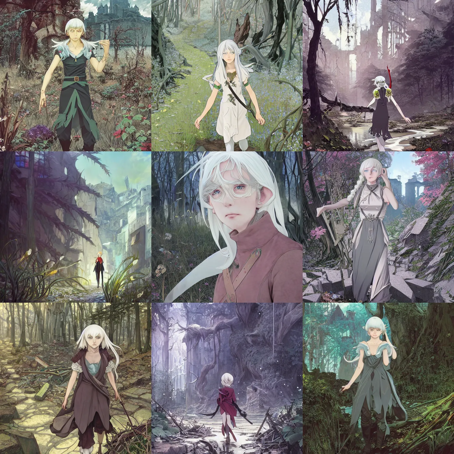 Prompt: A silver-haired elf strolling through the remains of a city reclaimed by nature, fantasy, surreal, Ilya Kuvshinov face, highly detailed, cel shading, digital painting, anime key visual, artwork by Hayao Miyazaki and Alphonse Mucha