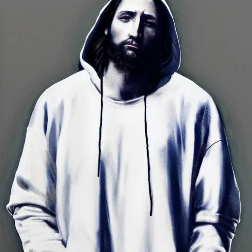 Image similar to a full body portrait of modern day jesus wearing cream yeezy menswear collection by nicola samori, hat and hoodie, detailed, oil painting, hyper realistic, 8 k, yeezy collection