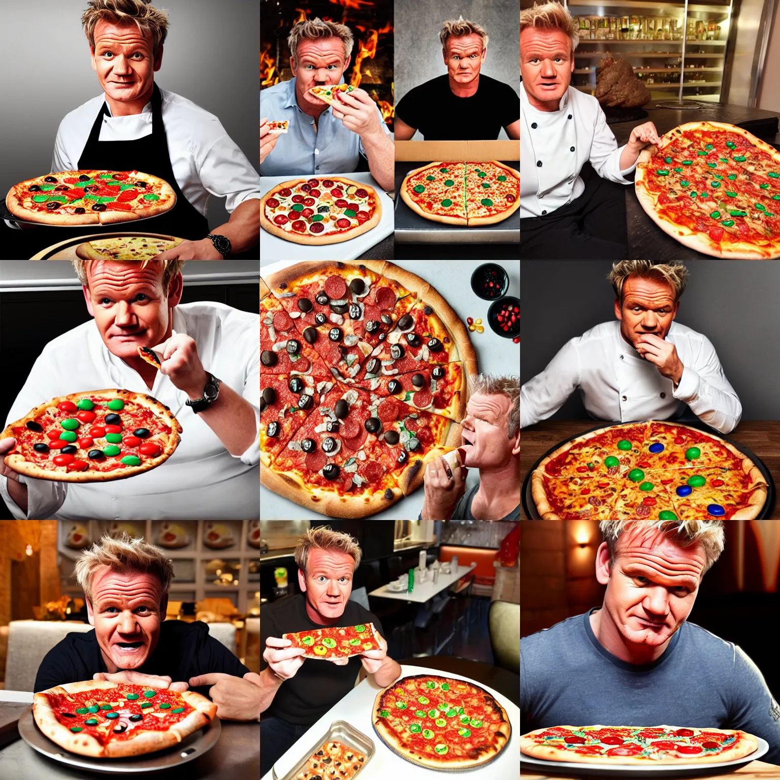 Prompt: gordon ramsey eating pizza with m & ms all over it