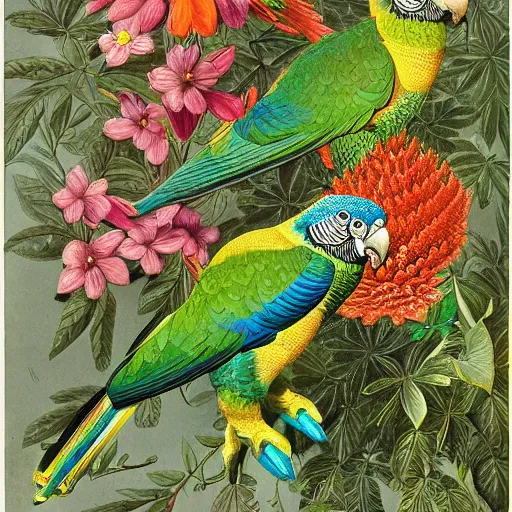 Image similar to beautiful elegant ernst haeckel fauna illustration of many greek cheek conures and flowers, ( greek cheek conure ) ( green cheeked parakeet ) ( pyrrhura molinae )