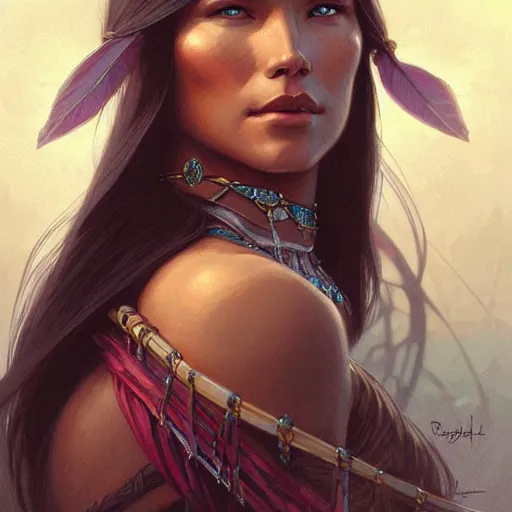 Image similar to Pocahontas, D&D, fantasy, intricate, elegant, highly detailed, digital painting, artstation, concept art, matte, sharp focus, illustration, art by Artgerm and Greg Rutkowski and Alphonse Mucha