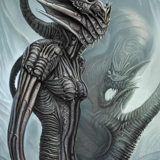 Prompt: Giger portrait of queen dragon, Dragon in dragon lair, HD, full body dragon concept, soft shading, hyperdetailed, wide angle lens, fantasy, futuristic horror, style of giger