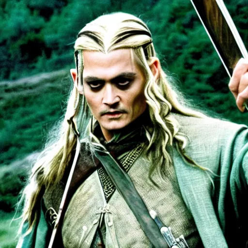 Prompt: stunning awe inspiring johnny depp as legolas in the lord of the rings, movie still 8 k hdr atmospheric lighting
