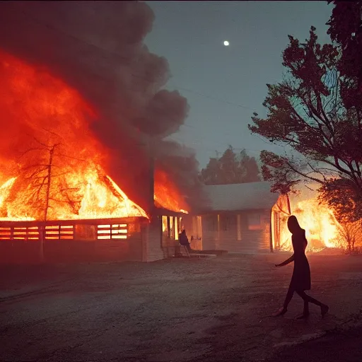 Image similar to Gregory Crewdson full color Photography, A woman walks calmly while her house is on fire, atmospheric lighting , moonlight