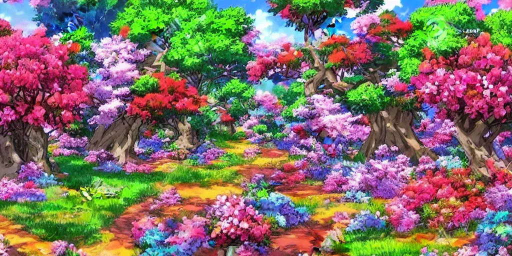 Image similar to a !!!!beautiful landscape of multi coloured flowers, trees and bushes. Anime style.