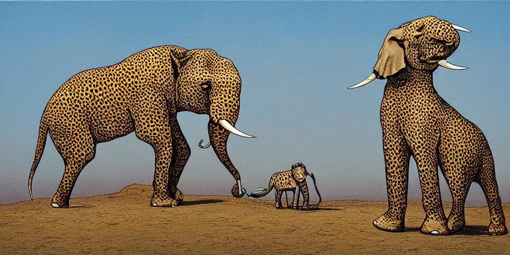 Image similar to Highly detailed painting of a elephant and a cheetah by moebius