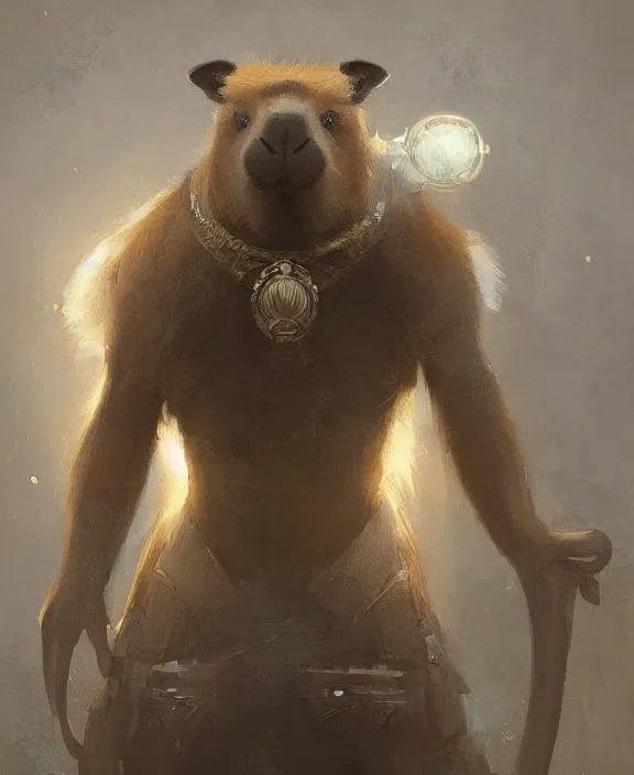 Image similar to A digital fantasy painting of a noble capybara in full paladin regalia, by greg rutkowski, trending on artstation