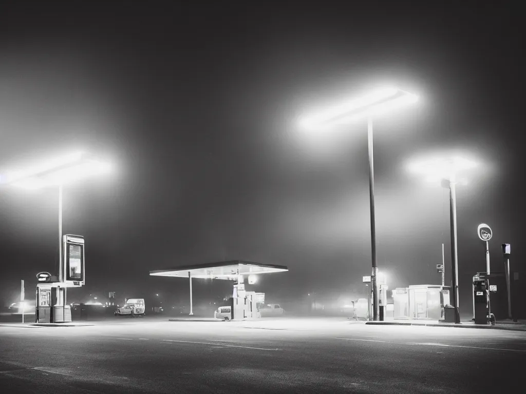 Image similar to “35mm film photography of gas station , fog, night, mood, atmospheric, full colour, digital photography, finished in Lightroom”