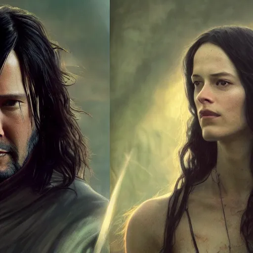 Prompt: keanu reeves as aragorn and kaya scodelario as arwen by leonardo divinci, greg rutkowski, alphonse mucha, mystical cosmic lighting, octane render, artstation, rey tracing, golden ratio, rule of thirds, perfect composition