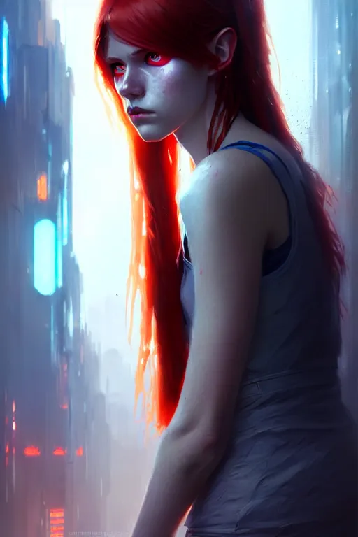 Image similar to a young tall, slender girl, with fiery red hair and bright blue eyes, hyperrealistic face, beautiful eyes, fantasy art, in the style of greg rutkowski, intricate, hyperdetalized, smooth, cyberpunk, tech