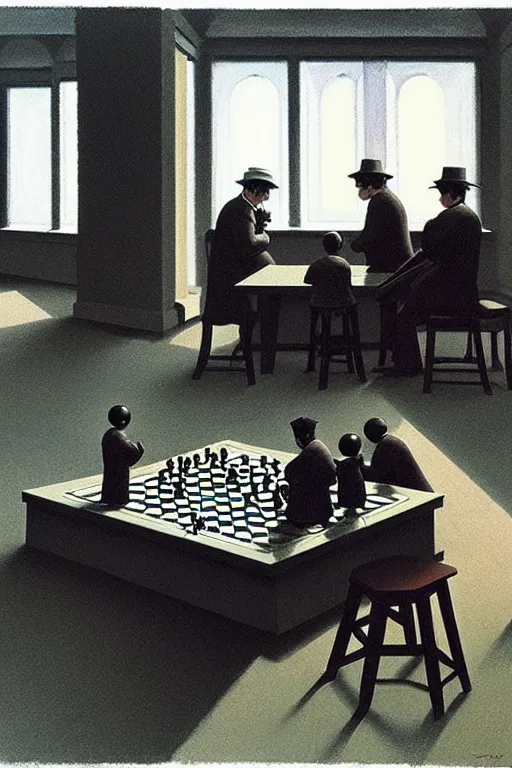 Image similar to group of men watching a little kid playing chess with a robot, edward hopper and james gilleard zdzislaw beksisnski higly detailed